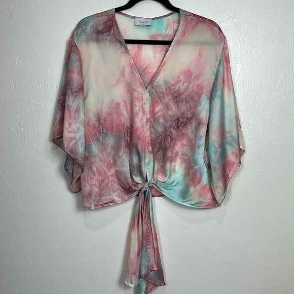 Adrienne Tie Front Watercolor Tie Dye Boho V-neck Blouse Top Size L - Picture 1 of 7